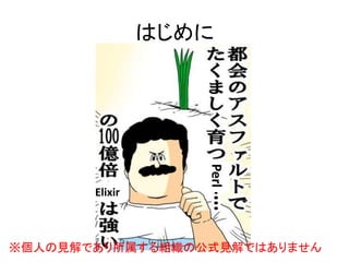 はじめに
Perl
Elixir
※個人の見解であり所属する組織の公式見解ではありません
 