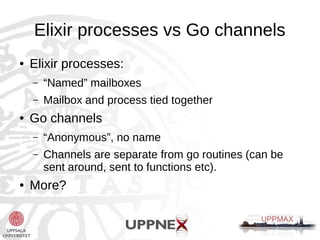 Elixir processes vs Go channels 
● Elixir processes: 
– “Named” mailboxes 
– Mailbox and process tied together 
● Go channels 
– “Anonymous”, no name 
– Channels are separate from go routines (can be 
sent around, sent to functions etc). 
● More? 
 