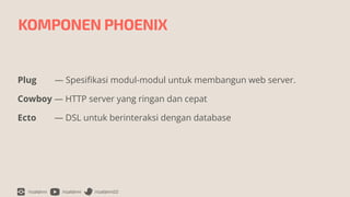 /rizafahmi /rizafahmi /rizafahmi22
KOMPONEN PHOENIX
Plug — Spesi
fi
kasi modul-modul untuk membangun web server.


Cowboy — HTTP server yang ringan dan cepat


Ecto — DSL untuk berinteraksi dengan database
 