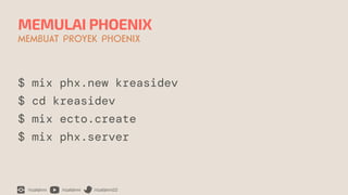 /rizafahmi /rizafahmi /rizafahmi22
MEMULAI PHOENIX
MEMBUAT PROYEK PHOENIX
$ mix phx.new kreasidev


$ cd kreasidev


$ mix ecto.create


$ mix phx.server
 