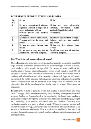 Bharati Vidyapeeth Institute of Pharmacy, CBD Belapur Navi Mumbai.
MADHURA KARALE 5
DIFFERENCES BETWEEN SYRUPS AND ELIXIRS
Sr.
No.
Syrup Elixir
1. Syrup is concentrated, viscous,
aqueous solution of sugar or a
sugar substitute with or
without flavor and medical
substance.
Elixirs are clear, pleasantly
flavored, sweetened hydro
alcoholic liquids intended
for oral use.
2. Syrups are thicker than elixirs. Elixirs are thinner than syrups.
3. Primary solvents is sugar and
water.
Primary solvents are alcohol
and water.
4. Syrups are more viscous than
elixirs.
Elixirs are less viscous than
syrups.
5. Syrup may or may not use an
alcohol for solubility purpose.
An elixirs must use alcohol for
solubility purpose.
Q.4. What is thread worm and round worm?
Threadworms, also known as pinworms, are tiny parasitic worms that infect the
large intestine of humans. Threadworms are a common type of worm infection,
particularly in children under the age of 10. The worms are white and look like
small pieces of thread. Intestinal parasitic worms which infect at least 20% of
children at any one time. Enterobius vermicularis is a small, white worm about 1
cm long with a blunt head and a fine, hair-like, pointed tail. Eggs are laid on the
skin around the child's anus and itching causes scratching and reinfection via the
mouth. Threadworms can be removed with drugs such as mebendazole or
piperazine, but all the members of the family must be treated. Also known as
pinworms.
Roundworm: A type of parasitic worm that hatches in the intestines and lives
there. The eggs of the roundworm usually enter the body through contaminated
water or food or on fingers placed in the mouth after the hands have touched a
contaminated object. Symptoms of roundworm infections include fatigue, weight
loss, irritability, poor appetite, abdominal pain, and diarrhea. Treatment with
medication results in a cure in about a week. Without treatment, anemia and
malnutrition can develop. An example of a roundworm is Trichuris trichiura, also
known as the human whipworm. This worm is found worldwide, but infections
are most frequent in areas with tropical weather and poor sanitation practices, and
among children.
 