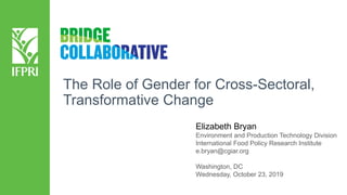 Elizabeth Bryan
Environment and Production Technology Division
International Food Policy Research Institute
e.bryan@cgiar.org
Washington, DC
Wednesday, October 23, 2019
The Role of Gender for Cross-Sectoral,
Transformative Change
 