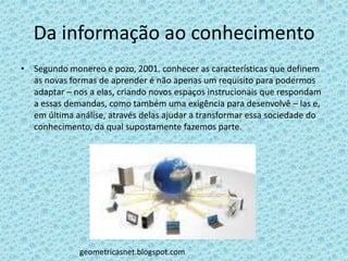 Da informação ao conhecimento
• Segundo monereo e pozo, 2001. conhecer as características que definem
  as novas formas de aprender é não apenas um requisito para podermos
  adaptar – nos a elas, criando novos espaços instrucionais que respondam
  a essas demandas, como também uma exigência para desenvolvê – las e,
  em última análise, através delas ajudar a transformar essa sociedade do
  conhecimento, da qual supostamente fazemos parte.




              geometricasnet.blogspot.com
 