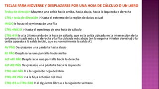 TECLAS PARA MOVERSE Y DESPLAZARSE POR UNA HOJA DE CÁLCULO O UN LIBRO
Teclas de dirección Moverse una celda hacia arriba, hacia abajo, hacia la izquierda o derecha
CTRL+ tecla de dirección Ir hasta el extremo de la región de datos actual
INICIO Ir hasta el comienzo de una fila
CTRL+INICIO Ir hasta el comienzo de una hoja de cálculo
CTRL+FIN Ir a la última celda de la hoja de cálculo, que es la celda ubicada en la intersección de la
columna situada más a la derecha y la fila ubicada más abajo (en la esquina inferior derecha) o la
celda opuesta a la celda inicial, que es normalmente la celda A1
AV PÁG Desplazarse una pantalla hacia abajo
RE PÁG Desplazarse una pantalla hacia arriba
ALT+AV PÁG Desplazarse una pantalla hacia la derecha
ALT+RE PÁG Desplazarse una pantalla hacia la izquierda
CTRL+AV PÁG Ir a la siguiente hoja del libro
CTRL+RE PÁG Ir a la hoja anterior del libro
CTRL+F6 o CTRL+TAB Ir al siguiente libro o a la siguiente ventana
 