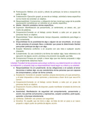❖ Participación: Refiere a la acción y efecto de participar, la toma o recepción de 
parte de algo. 
❖ Colaboración: Ejecución grupal, ya sea de un trabajo, actividad o tarea específica 
con la misión de concretar un objetivo. 
❖ Responsabilidad: Compromiso u obligación de tipo moral que surge de la posible 
equivocación cometida por un individuo en un asunto específico. 
● Interés: Atención prestada a temas específicos. 
❖ Expresión: Manifestación de pensamiento, un sentimiento, un deseo, etc., por 
medio de palabras. 
❖ Cooperación:Consiste en el trabajo común llevado a cabo por un grupo de 
personas hacia un objetivo. 
❖ Disponibilidad: Tener efectivamente tiempo dispuesto, establecido para llegar a 
algo conveniente. 
● Disponibilidad: Es la posibilidad de algo o alguien de ser encontrado, en el caso 
de las personas el concepto lleva a entender que posee la determinada libertad 
para poder participar de algo o en algo. 
❖ Aceptar: Mostrarse conforme o en acuerdo con una idea o cualquier asunto 
dispuesto. 
❖ Cumplimiento: Es una condición a la forma de realizar algo, hace referencia a la 
ejecución de alguna acción, promesa o la provisión de aquello que falta. 
❖ Compromiso:Firmeza por cumplir o hacer algo que nos hemos propuesto o algo 
que simplemente debemos hacer. 
Libertad: Facultad de las personas para actuar conforme a su determinación en orden de 
su realización y actuando bajo su responsabilidad moral según su criterio y su voluntad. 
● Responsabilidad: Es el cumplimiento de las obligaciones o el cuidado al tomar 
decisiones o realizar algo, es una característica de las personas que son capaces 
de comprometerse y actuar de forma correcta. 
❏ Aceptación: Consiste en aceptar nuestras propias decisiones y lo que pensamos, 
y el estar dispuestos a otras opiniones y decisiones a favor de lo que sea el fin 
común. 
❏ Cooperación:Consiste en el trabajo común llevado a cabo por un grupo de 
personas hacia un objetivo. 
❏ Disposición: Acción y efecto de disponer, puede manifestar el estado de ánimo de 
la persona. 
● Asertividad: Manifestación de seguridad del comportamiento, pensamiento y 
acción, nos permite comunicarnos y expresarnos, aceptar cumplidos, pedir ayuda, 
aprender a discrepar abiertamente. 
❏ confianza: Defender una postura con seguridad. 
❏ Iniciativa: Es aquello que da inicio a algo, se trata de dar un paso a un nuevo 
proyecto o algún punto de partida de alguna acción. 
 