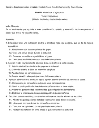 Nombres de quienes realizan el trabajo: Elizabeth Pineda Rios, Cinthya Samantha Reyes Monroy.
Materia: Historia de la agricultura.
Tema: Introducción
(Método: haciendo y deshaciendo nudos)
Valor: Respeto.
Es un sentimiento que equivale a tener consideración, aprecio y veneración hacia una persona o
cosa y que lleva a no causarle ofensa.
Actitudes
1. Simpatizar: tener una inclinación afectiva y amistosa hacia una persona, que se da de manera
espontánea
1.1. Relacionarse con sus compañeros del grupo
1.2. Tener una actitud alegre durante la actividad
1.3. Promover un ambiente agradable en el grupo
1.4. Demostrar amabilidad con cada uno de los compañeros
2. Aceptar: recibir voluntariamente algo que te da, se te ofrece o se te encarga.
2.1 Admitir a todos los miembros del grupo en la actividad
2.2 Conceder el turno a todos los miembros del grupo
2.3 Aprobar todas las participaciones
2.4 Prestar atención a las participaciones de los compañeros
3. Apreciar: sentir cariño o afecto por algo o alguien; estimar el mérito de personas o cosas.
3.1. Considerar a los compañeros del grupo y sus participaciones.
3.2. Sentir la participación afectiva de los compañeros como si fuera propia.
3.3. Valorar los pensamientos y sentimientos que comparten los compañeros.
3.4. Distinguir la importancia de cada participación de los compañeros
4. Escuchar: prestar atención y concentrarse en lo que se percibe a través de los odios.
4.1. Atender las participaciones de todos y corregir en caso de ser necesario.
4.2. Interesarse con todo lo que los compañeros comentan
4.3. Comparar tus opiniones con las que dan tus compañeros
4.4. Realizar una reflexión en torno a todo lo que percibiste en la actividad
 