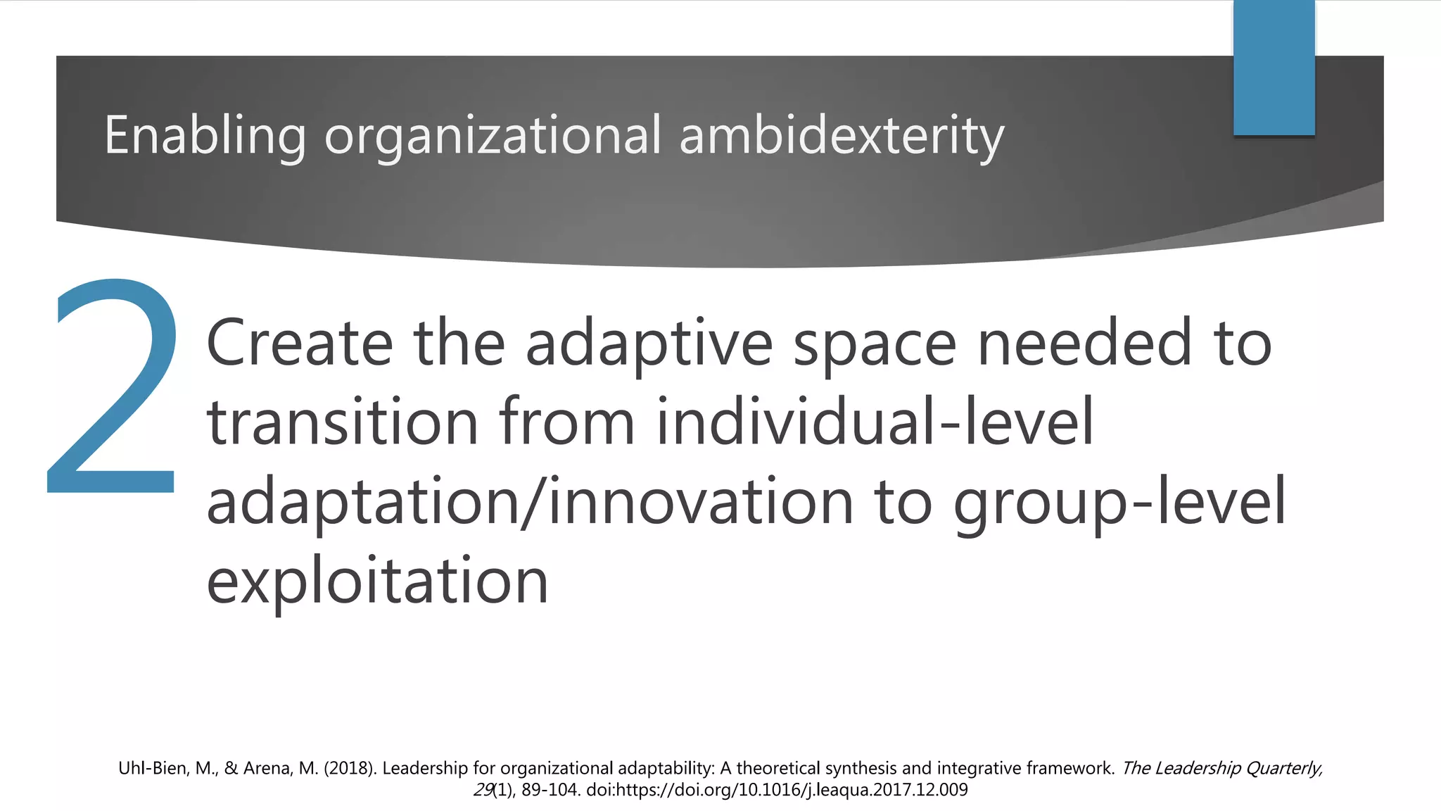 Enabling organizational ambidexterity
Create the adaptive space needed to
transition from individual-level
adaptation/innovation to group-level
exploitation
Uhl-Bien, M., & Arena, M. (2018). Leadership for organizational adaptability: A theoretical synthesis and integrative framework. The Leadership Quarterly,
29(1), 89-104. doi:https://doi.org/10.1016/j.leaqua.2017.12.009
2
 