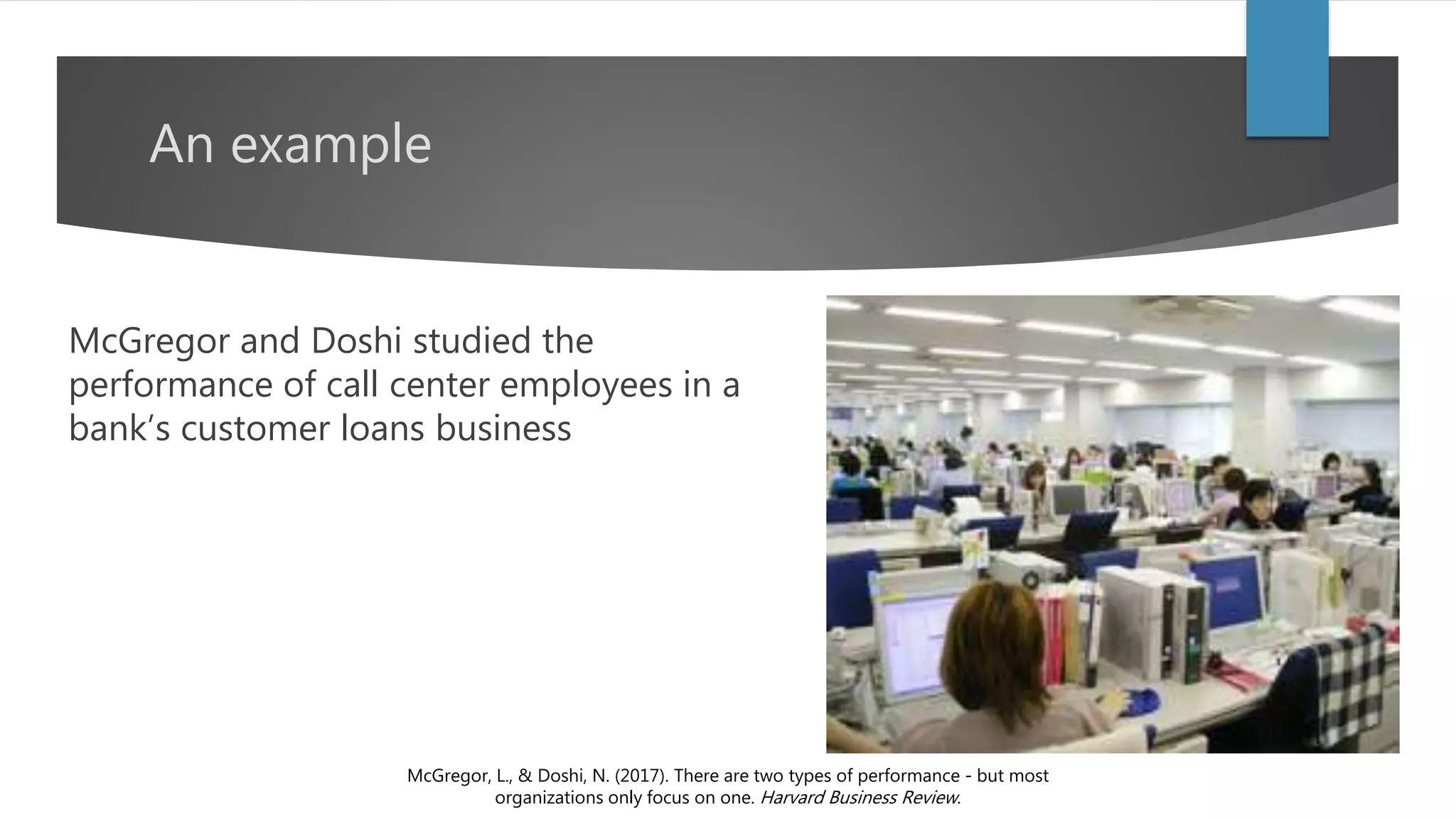 An example
McGregor and Doshi studied the
performance of call center employees in a
bank’s customer loans business
McGregor, L., & Doshi, N. (2017). There are two types of performance - but most
organizations only focus on one. Harvard Business Review.
 