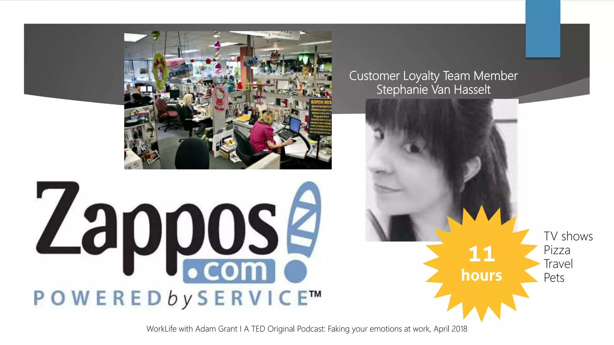 Customer Loyalty Team Member
Stephanie Van Hasselt
TV shows
Pizza
Travel
Pets
WorkLife with Adam Grant I A TED Original Podcast: Faking your emotions at work, April 2018
 