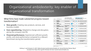 Organizational ambidexterity: key enabler of
organizational transformation
Anthony, S. and Schwartz, E.I. (2017) What the best transformational leaders do. Harvard Business Review, May 8.
Accessed from https://hbr.org/2017/05/what-the-best-transformational-leaders-do
What firms have made substantial progress toward
transformation?
 New growth. Creating new products, services, and
business models
 Core repositioning. Adapted to change and disruption,
giving the company new life
 Financial performance. Experienced sufficient growth,
profits, and stock performance compared to a relevant
benchmark during the transformation period
 