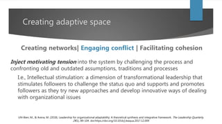 Creating adaptive space
Inject motivating tension into the system by challenging the process and
confronting old and outdated assumptions, traditions and processes
I.e., Intellectual stimulation: a dimension of transformational leadership that
stimulates followers to challenge the status quo and supports and promotes
followers as they try new approaches and develop innovative ways of dealing
with organizational issues
Uhl-Bien, M., & Arena, M. (2018). Leadership for organizational adaptability: A theoretical synthesis and integrative framework. The Leadership Quarterly,
29(1), 89-104. doi:https://doi.org/10.1016/j.leaqua.2017.12.009
Creating networks| Engaging conflict | Facilitating cohesion
 