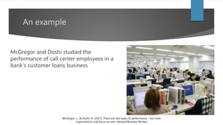 An example
McGregor and Doshi studied the
performance of call center employees in a
bank’s customer loans business
McGregor, L., & Doshi, N. (2017). There are two types of performance - but most
organizations only focus on one. Harvard Business Review.
 