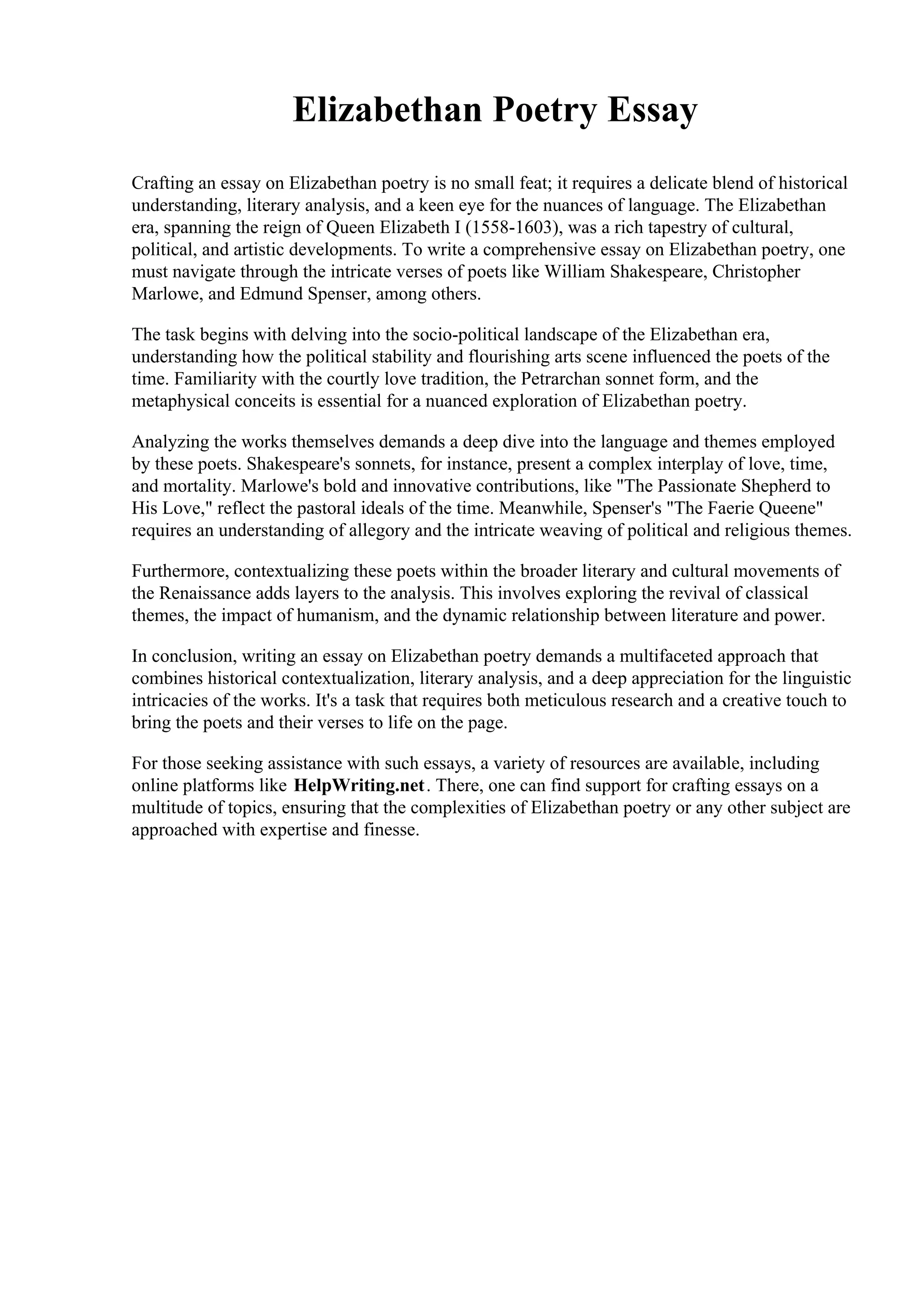 Elizabethan Poetry Essay. Penn Foster College PDF