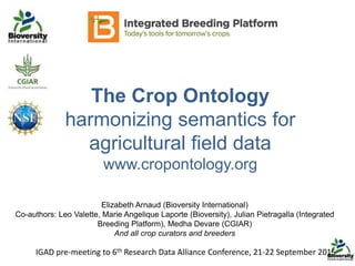 The Crop Ontology
harmonizing semantics for
agricultural field data
www.cropontology.org
Elizabeth Arnaud (Bioversity International)
Co-authors: Leo Valette, Marie Angelique Laporte (Bioversity), Julian Pietragalla (Integrated
Breeding Platform), Medha Devare (CGIAR)
And all crop curators and breeders
IGAD pre-meeting to 6th Research Data Alliance Conference, 21-22 September 2015
 