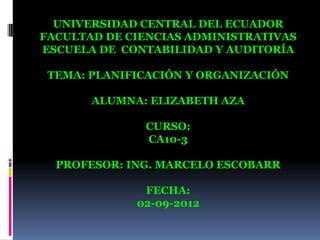UNIVERSIDAD CENTRAL DEL ECUADOR
FACULTAD DE CIENCIAS ADMINISTRATIVAS
ESCUELA DE CONTABILIDAD Y AUDITORÍA

 TEMA: PLANIFICACIÓN Y ORGANIZACIÓN

       ALUMNA: ELIZABETH AZA

              CURSO:
              CA10-3

  PROFESOR: ING. MARCELO ESCOBARR

              FECHA:
             02-09-2012
 