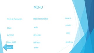 MENU
Nivel de formación
titulo
duración
Código SNIES
Registro calificado
sede
dirección
teléfono
decano
misión
visón
objetivos
videoatras
 