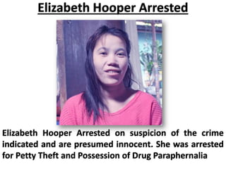 Elizabeth Hooper Arrested
Elizabeth Hooper Arrested on suspicion of the crime
indicated and are presumed innocent. She was arrested
for Petty Theft and Possession of Drug Paraphernalia
 