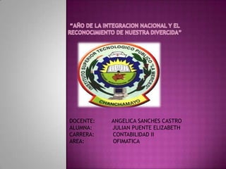 DOCENTE:   ANGELICA SANCHES CASTRO
ALUMNA:    JULIAN PUENTE ELIZABETH
CARRERA:   CONTABILIDAD II
AREA:      OFIMATICA
 