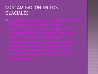 Contaminación en los glacialesActualmente, parece que el hielo comienza a disminuir como consecuencia del calentamiento global del planeta y del efecto invernadero, aunque los casquetes polares todavía no han mermado espectacularmente. La ausencia de este hielo podría cambiar la topografía del mundo, pues algunas masas de tierra quedarían sumergidas y otras se volverían muy calientes.