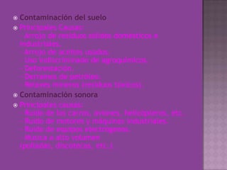 Contaminación del sueloPrincipales Causas:- Arrojo de residuos sólidos domésticos e industriales.- Arrojo de aceites usados.- Uso indiscriminado de agroquímicos.- Deforestación.- Derrames de petróleo.- Relaves mineros (residuos tóxicos).Contaminación sonoraPrincipales causas:- Ruido de los carros, aviones, helicópteros, etc.- Ruido de motores y máquinas industriales.- Ruido de equipos electrógenos.- Música a alto volumen (polladas, discotecas, etc.).