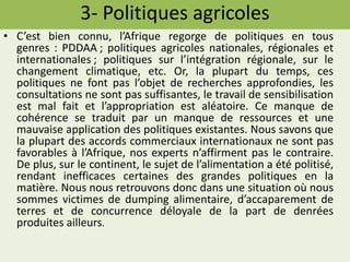 3- Politiques agricoles
• C’est bien connu, l’Afrique regorge de politiques en tous
genres : PDDAA ; politiques agricoles ...