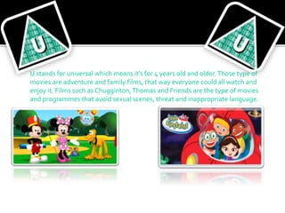U stands for universal which means it’s for 4 years old and older.Those type of
movies are adventure and family films, that way everyone could all watch and
enjoy it. Films such as Chugginton,Thomas and Friends are the type of movies
and programmes that avoid sexual scenes, threat and inappropriate language.
 