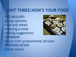 UNIT THREE:HOW'S YOUR FOOD
VOCABULARY:
giving opinions
food and meals
ordering a meal
making suggestions
GRAMMAR
Nouns with prepositional phrases
PRONUNCIATION
schwa sound
 