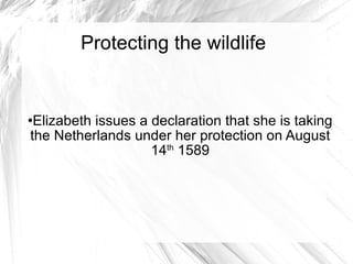 Protecting the wildlife Elizabeth issues a declaration that she is taking the Netherlands under her protection on August 14 th  1589 