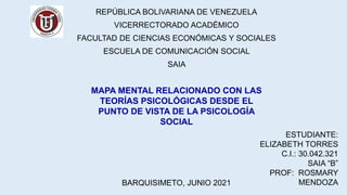 REPÚBLICA BOLIVARIANA DE VENEZUELA
VICERRECTORADO ACADÉMICO
FACULTAD DE CIENCIAS ECONÓMICAS Y SOCIALES
ESCUELA DE COMUNICACIÓN SOCIAL
SAIA
MAPA MENTAL RELACIONADO CON LAS
TEORÍAS PSICOLÓGICAS DESDE EL
PUNTO DE VISTA DE LA PSICOLOGÍA
SOCIAL
BARQUISIMETO, JUNIO 2021
ESTUDIANTE:
ELIZABETH TORRES
C.I.: 30.042.321
SAIA “B”
PROF: ROSMARY
MENDOZA
 