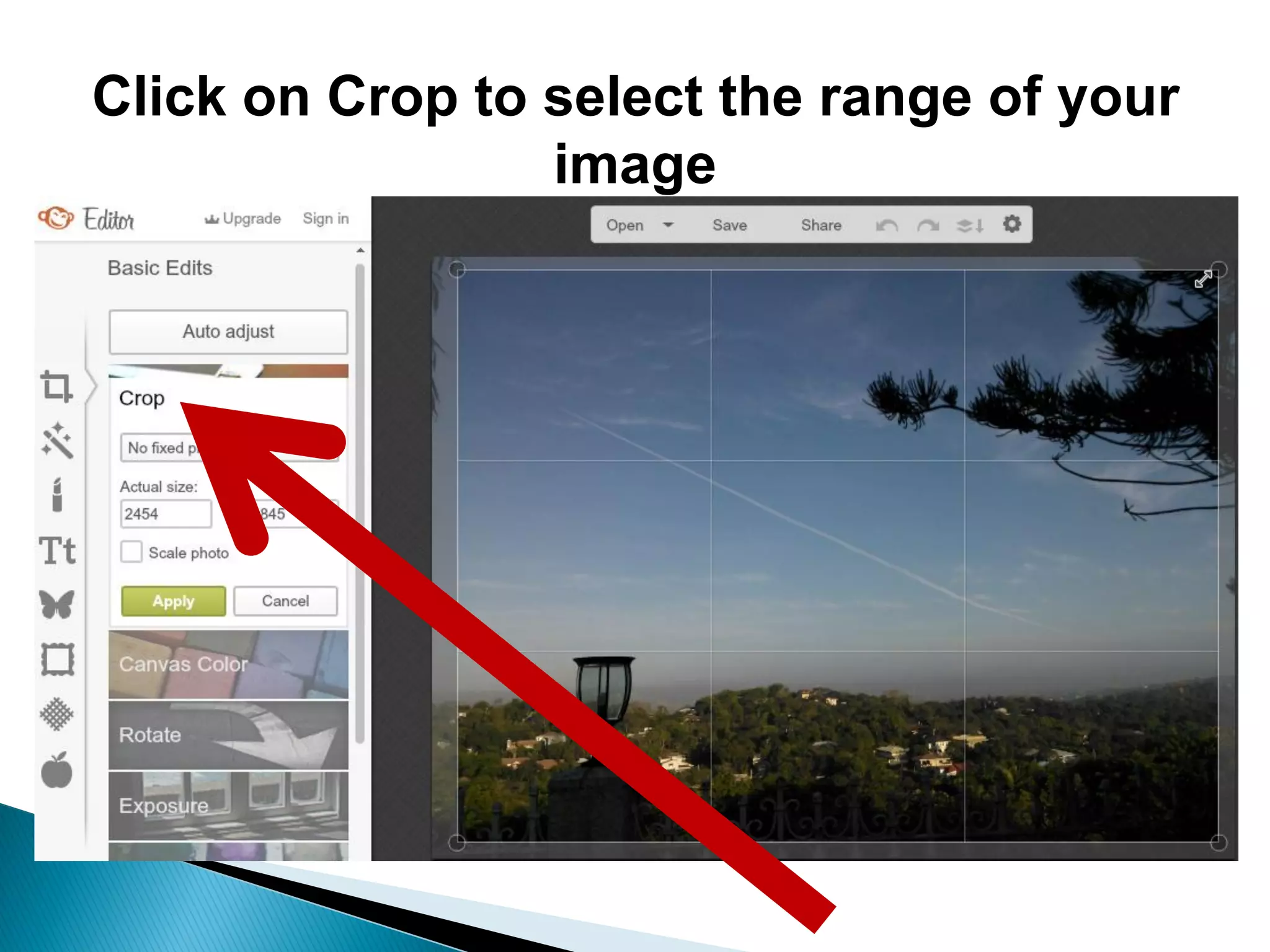 Click on Crop to select the range of your
image
 