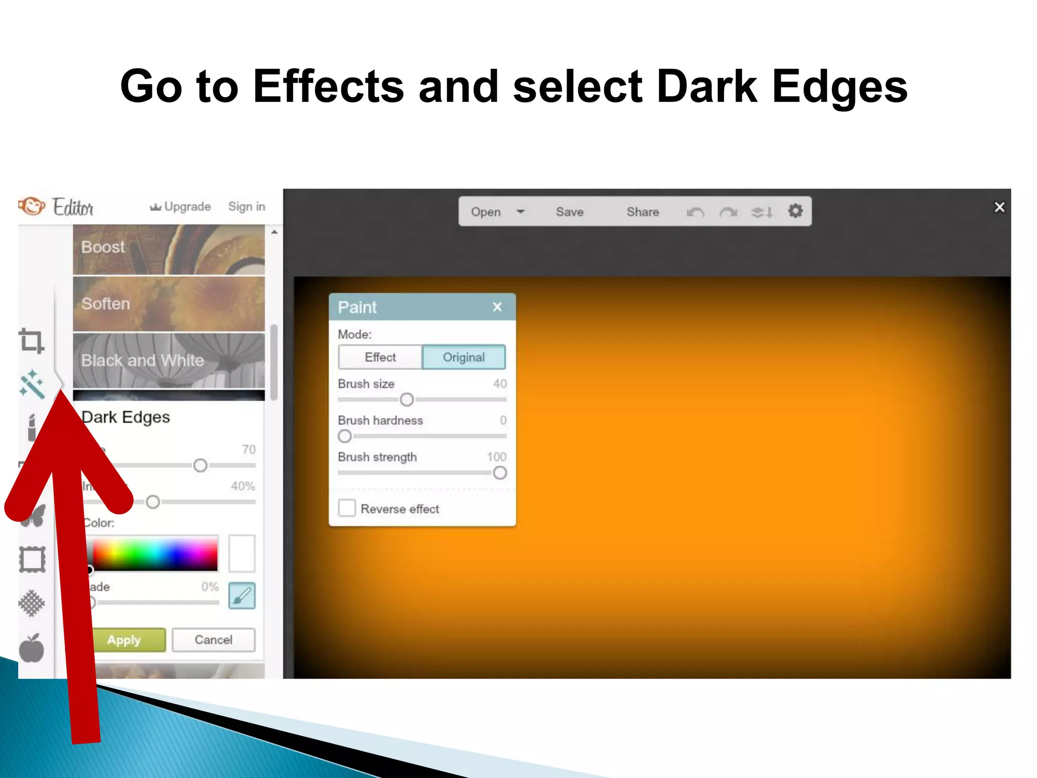Go to Effects and select Dark Edges
 