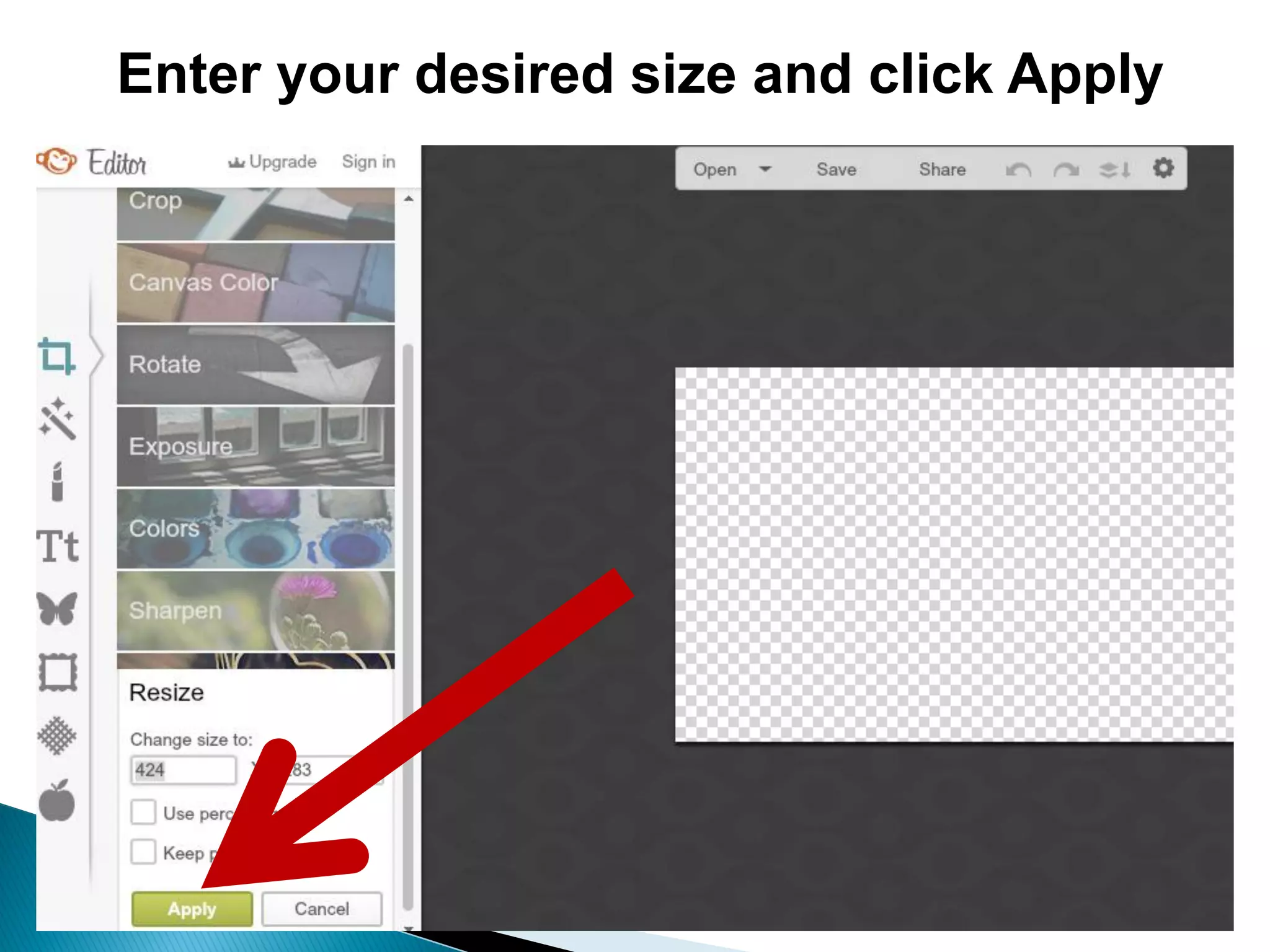 Enter your desired size and click Apply
 