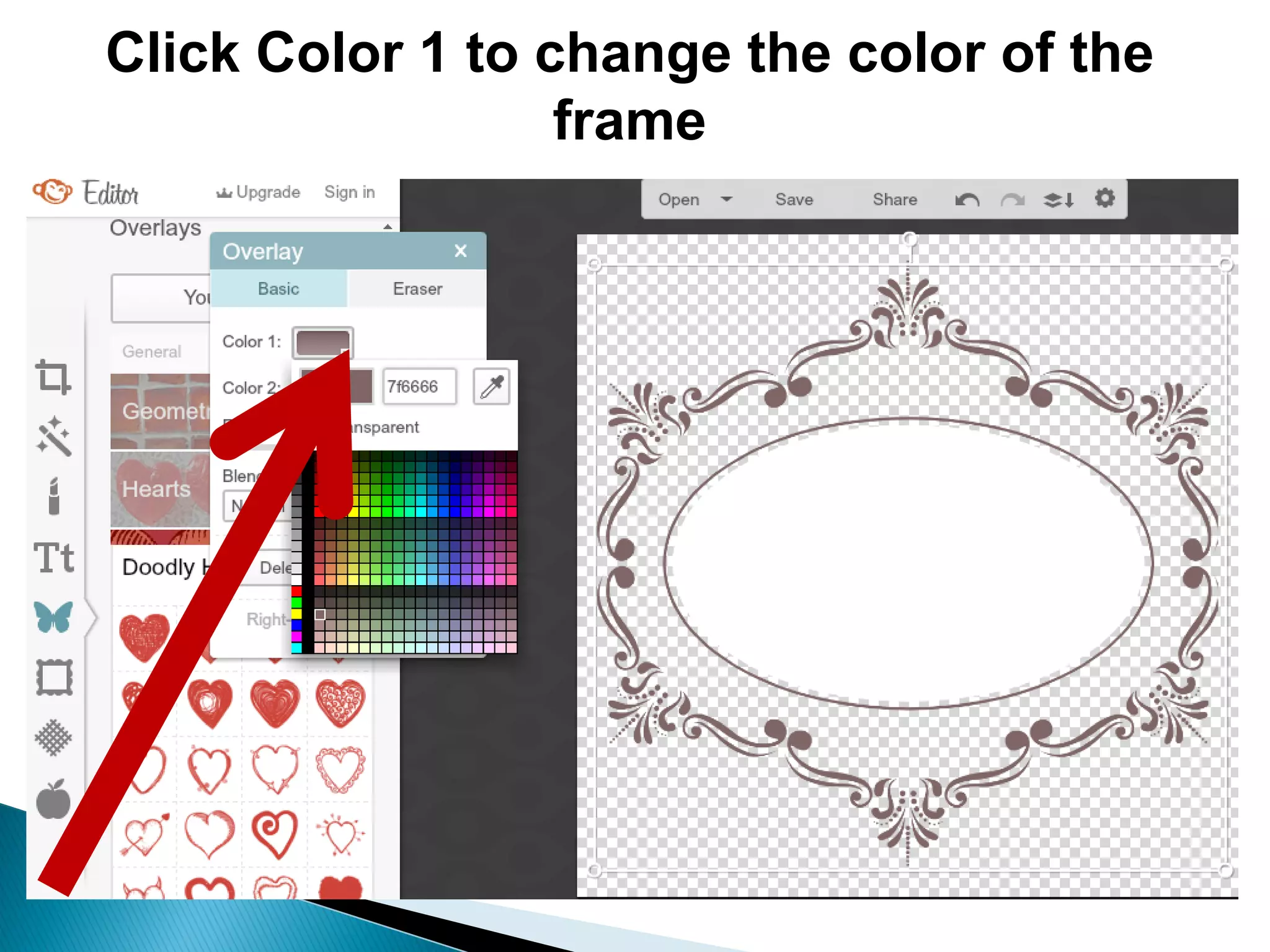 Click Color 1 to change the color of the
frame
 