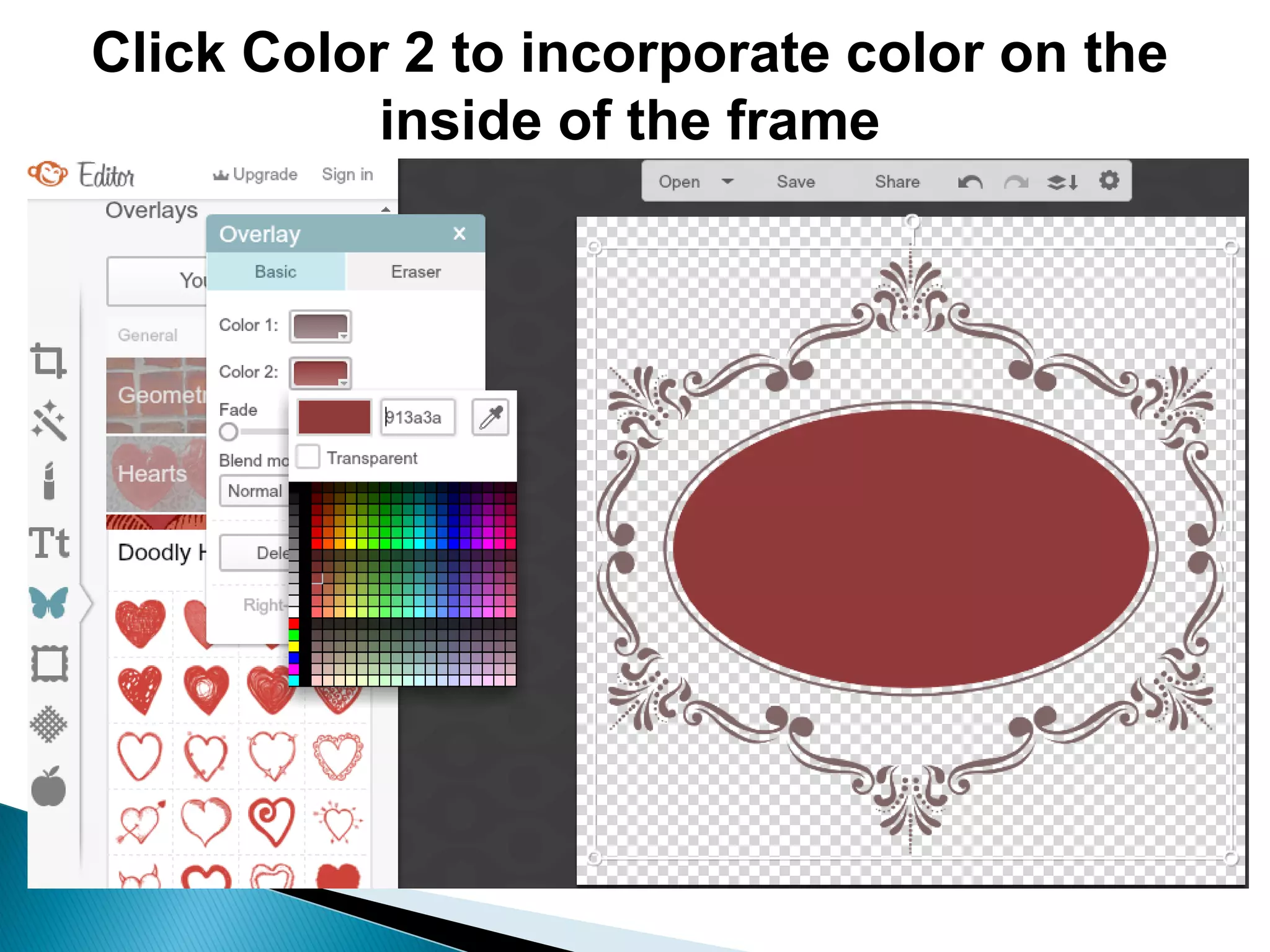 Click Color 2 to incorporate color on the
inside of the frame
 