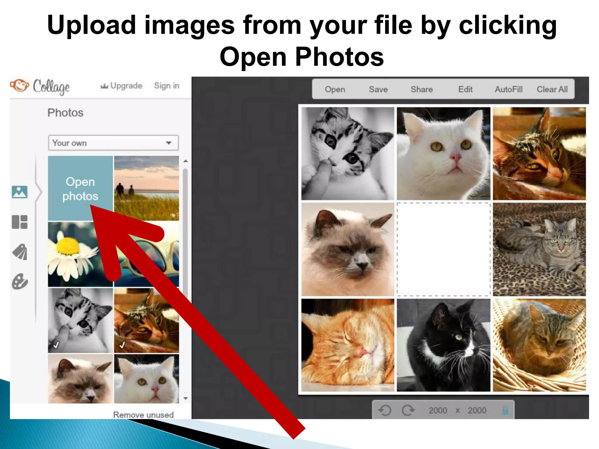 Upload images from your file by clicking
Open Photos
 
