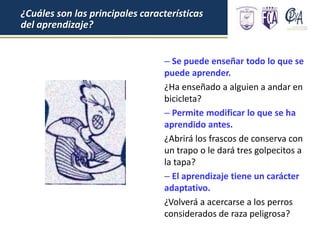 – Se puede enseñar todo lo que se
puede aprender.
¿Ha enseñado a alguien a andar en
bicicleta?
– Permite modificar lo que se ha
aprendido antes.
¿Abrirá los frascos de conserva con
un trapo o le dará tres golpecitos a
la tapa?
– El aprendizaje tiene un carácter
adaptativo.
¿Volverá a acercarse a los perros
considerados de raza peligrosa?
¿Cuáles son las principales características
del aprendizaje?
 
