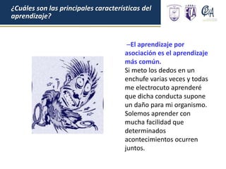 El aprendizaje por
asociación es el aprendizaje
más común.
Si meto los dedos en un
enchufe varias veces y todas
me electrocuto aprenderé
que dicha conducta supone
un daño para mi organismo.
Solemos aprender con
mucha facilidad que
determinados
acontecimientos ocurren
juntos.
¿Cuáles son las principales características del
aprendizaje?
 