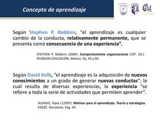 Según Stephen P. Robbins, “el aprendizaje es cualquier
cambio de la conducta, relativamente permanente, que se
presenta como consecuencia de una experiencia”.
Concepto de aprendizaje
STEPHEN P. Robbins (2004) .Comportamiento organizacional (10ª. Ed.).
PEARSON EDUCACIÓN. México. Pp. 43 y 44.
Según David Kolb, “el aprendizaje es la adquisición de nuevos
conocimientos a un grado de generar nuevas conductas”; lo
cual resulta de diversas experiencias, la experiencia “se
refiere a toda la serie de actividades que permiten aprender”.
ALONSO, Tapia J.(1997). Motivar para el aprendizaje. Teoría y estrategias.
EDEBÉ. Barcelona. Pág. 69.
 