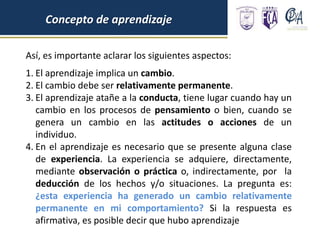 Así, es importante aclarar los siguientes aspectos:
1. El aprendizaje implica un cambio.
2. El cambio debe ser relativamente permanente.
3. El aprendizaje atañe a la conducta, tiene lugar cuando hay un
cambio en los procesos de pensamiento o bien, cuando se
genera un cambio en las actitudes o acciones de un
individuo.
4. En el aprendizaje es necesario que se presente alguna clase
de experiencia. La experiencia se adquiere, directamente,
mediante observación o práctica o, indirectamente, por la
deducción de los hechos y/o situaciones. La pregunta es:
¿esta experiencia ha generado un cambio relativamente
permanente en mi comportamiento? Si la respuesta es
afirmativa, es posible decir que hubo aprendizaje
Concepto de aprendizaje
 