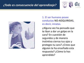 1. El ser humano posee
conductas NO-ADQUIRIDAS,
es decir, innatas.
¿Alguna vez ha pensado que
te iban a dar un golpe en la
cara? En cuestión de
segundos y de manera
instintiva cierras tus ojos y
proteges tu cara? ¿Crees que
alguien te ha enseñado esta
respuesta? ¿Cómo la has
aprendido?
¿Todo es consecuencia del aprendizaje?
 