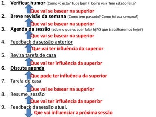 1. Verificar humor (Como vc está? Tudo bem? Como vai? Tem estado feliz?)
2. Breve revisão da semana (Como tem passado? Como foi sua semana?)
3. Agenda da sessão (sobre o que vc quer falar hj? O que trabalharemos hoje?)
4. Feedback da sessão anterior
5. Revisa tarefa de casa
6. Discute agenda
7. Tarefa de casa
8. Resume sessão
9. Feedback da sessão atual.
Que vai se basear na superior
Que vai se basear na superior
Que vai se basear na superior
Que vai ter influência da superior
Que vai ter influência da superior
Que pode ter influência da superior
Que vai se basear na superior
Que vai ter influência da superior
Que vai influenciar a próxima sessão
 