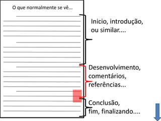 O que normalmente se vê...
Inicio, introdução,
ou similar....
Desenvolvimento,
comentários,
referências...
Conclusão,
fim, finalizando....
 