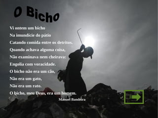 Vi ontem um bicho
Na imundície do pátio
Catando comida entre os detritos.
Quando achava alguma coisa,
Não examinava nem cheirava:
Engolia com voracidade.
O bicho não era um cão,
Não era um gato,
Não era um rato.
O bicho, meu Deus, era um homem.
                          Manuel Bandeira
 