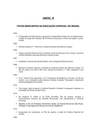 ANEXO B


   FATOS MARCANTES NA EDUCAÇÃO ESPECIAL DO BRASIL


1835
       O Deputado Cornélio Ferreira apresenta à Assembléia Projeto de Lei objetivando a
       criação do cargo de Professor de Primeiras Letras para o ensino de cegos e surdo-
       mudos.
1854
       Decreto Imperial nº 1.426 criou o Imperial Instituto dos Meninos Cegos.
1855
       Chega ao Brasil Edouard Huet, professor surdo francês que viria a dirigir o primeiro
       Instituto Brasileiro para atendimento a surdos-mudos.
1857
       Instalado o Instituto dos Surdos-Mudos, sob a direção de Edouard Huet.
1869
       Benjamin Constant assume a direção do Imperial Instituto dos Meninos Cegos, no
       Rio de Janeiro em 24/01/1891 que, através do Decreto nº 1.320, receberia o seu
       nome.
1900
       O Dr. Carlos Eiras apresenta, no IV Congresso de Medicina e Cirurgia, no Rio de
       Janeiro, sua monografia sobre doentes mentais intitulada “Educação e tratamento
       médico-pedagógico dos idiotas”.
1910
       Três cegos, após cursarem o Instituto Benjamin Constant, conseguem ingressar na
       Faculdade de Direito de São Paulo.
1913
       No Hospício D. Pedro II, na Praia Vermelha, Rio de Janeiro, começa o
       funcionamento intensivo do Pavilhão Bourneville, com atendimento a menores
       anormais.
       Aparece o livro do Professor Clementino Qualio, da Escola Normal de São Paulo,
       intitulado “A educação da infância anormal da inteligência”.
1915
       Inaugurada em Laranjeiras, no Rio de Janeiro, a sede do Instituto Nacional de
       Surdos.
1926
 