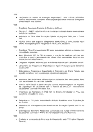 1994
       Lançamento da Política de Educação Especial/MEC. Port. 1793/94 recomenda
       inclusão de conteúdos e disciplina de Educação Especial nos cursos de formação de
       professores de nível superior.
1995
       Criação da Associação Brasileira de Síndrome de Down.
       Decreto nº 1.744/95 institui benefício de prestação continuada à pessoa portadora de
       deficiência e ao idoso.
       Veiculação da Série sobre Educação Especial no programa Salto para o Futuro,
       TVE.
       Reunião técnica com os países componentes do MERCOSUL e OIT, visando incluir
       o tema “Educação Especial” na agenda do MERCOSUL Educativo.
1996
       Criação do Fórum Permanente dos IES sobre as questões relativas às pessoas com
       necessidades especiais.
       Aviso Ministerial 277 do GM recomenda a criação de condições próprias para
       possibilitar acesso e permanência dos alunos com necessidades especiais nas
       Instituições de Ensino Superior.
       Criação do Programa de Distribuição de Materiais Didáticos para Deficientes Visuais.
       Lançamento do Programa de Implantação de Apoio Pedagógico para Deficientes
       Visuais/CAP.
       Elaboração do Programa de Capacitação de Professores do Ensino Regular para
       atuação com alunos com necessidades educacionais especiais.
1997
       Veiculação da Campanha de Sensibilização da Sociedade para a Inclusão do Aluno
       com Necessidades Educacionais Especiais.
       Inclusão na TV Escola da Série Educação Especial. Implementação de um Programa
       de Capacitação de Educadores com o material da UNESCO - Necessidades
       Educacionais Especiais em Sala de Aula.
       Implantação da Tecnologia do DOS-VOX no Sistema Sintetizador de Voz, para
       suporte na educação dos cegos.
1998
       Realização do Congresso Internacional e III Ibero Americano sobre Superdotação,
       em Brasília.
       Realização do III Congresso Ibero Americano de Educação Especial, em Foz do
       Iguaçu.
       Elaboração do documento Adaptações Curriculares para Alunos com Necessidades
       Educacionais Especiais no Âmbito dos Parâmetros Curriculares Nacionais.
1999
       Produção e lançamento do Programa de Capacitação, pela TVE sobre Educação
       Especial.
 