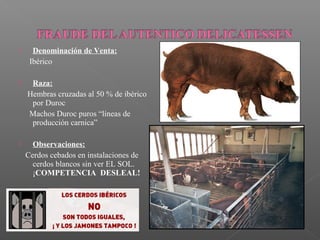      Denominación de Venta:
     Ibérico

    Raza:
    Hembras cruzadas al 50 % de ibérico
     por Duroc
    Machos Duroc puros “líneas de
     producción carnica”

     Observaciones:
    Cerdos cebados en instalaciones de
      cerdos blancos sin ver EL SOL.
      ¡COMPETENCIA DESLEAL!
 