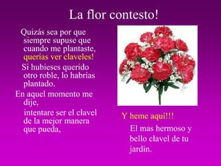 La flor contesto!
 Quizás sea por que
  siempre supuse que
  cuando me plantaste,
  querías ver claveles!
 Si hubieses querido
  otro roble, lo habrías
  plantado.
En aquel momento me
  dije,
  intentare ser el clavel   Y heme aquí!!!
  de la mejor manera
  que pueda,                  El mas hermoso y
                              bello clavel de tu
                              jardin.
 