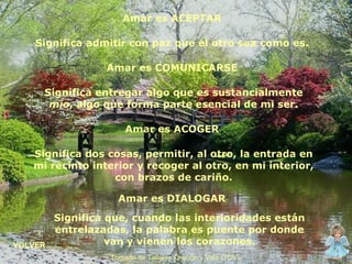 Amar es ACEPTAR  Significa admitir con paz que el otro sea como es.  Amar es COMUNICARSE  Significa entregar algo que es sustancialmente  mío , algo que forma parte esencial de mi ser. Amar es ACOGER  Significa dos cosas, permitir, al otro, la entrada en mi recinto interior y recoger al otro, en mi interior, con brazos de cariño. Amar es DIALOGAR  Significa que, cuando las interioridades están entrelazadas, la palabra es puente por donde van y vienen los corazones. VOLVER Tomado de Talleres Oración y Vida (TOV) 