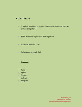 Presentado por 
Sandra yissela gil reyes 
Licenciatura en pedagogía infantil 
ESTRATEGIAS 
 Los niños trabajaran en grupos para que puedan formar vínculos 
con sus compañeros 
 Se les brindaran espacios de libre expresión 
 Formaran lluvia de ideas 
 Estimularan su creatividad 
Recursos 
 Papel 
 Tijeras 
 Pegante 
 Colores 
 Temperas 
 