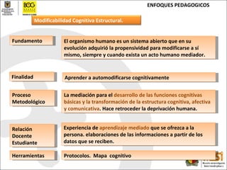 ENFOQUES PEDAGOGICOS Fundamento Finalidad Proceso Metodológico Relación Docente Estudiante Herramientas E l organismo humano es un sistema abierto que en su evolución adquirió la propensividad para modificarse a sí mismo, siempre y cuando exista un acto humano mediador . La mediación para el  desarrollo de las funciones cognitivas básicas y la transformación de la estructura cognitiva, afectiva y comunicativa .  Hace retroceder la deprivación humana. E xperiencia de  aprendizaje mediado  que se ofrezca a la persona .  elaboraciones de las informaciones a partir de los datos que se reciben .   Protocolos.  Mapa  cognitivo Aprender a automodificarse cognitivamente Modificabilidad Cognitiva Estructural. 